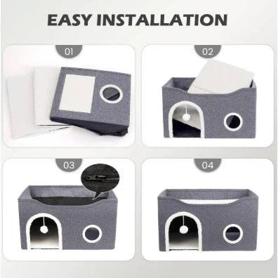 Modern 2-Story Cat House with Scratcher and Plush Ball – Bed and Shelter for Cats and Pets