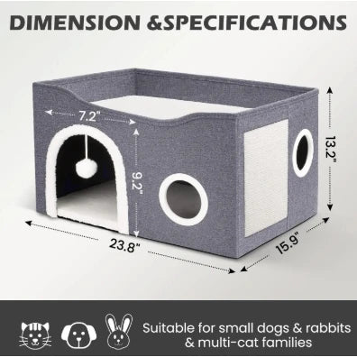 Modern 2-Story Cat House with Scratcher and Plush Ball – Bed and Shelter for Cats and Pets