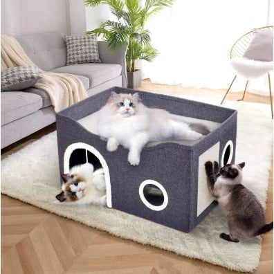 Modern 2-Story Cat House with Scratcher and Plush Ball – Bed and Shelter for Cats and Pets