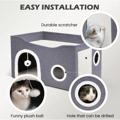 Modern 2-Story Cat House with Scratcher and Plush Ball – Bed and Shelter for Cats and Pets