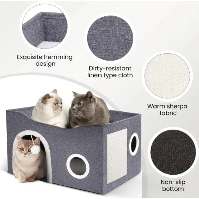 Modern 2-Story Cat House with Scratcher and Plush Ball – Bed and Shelter for Cats and Pets